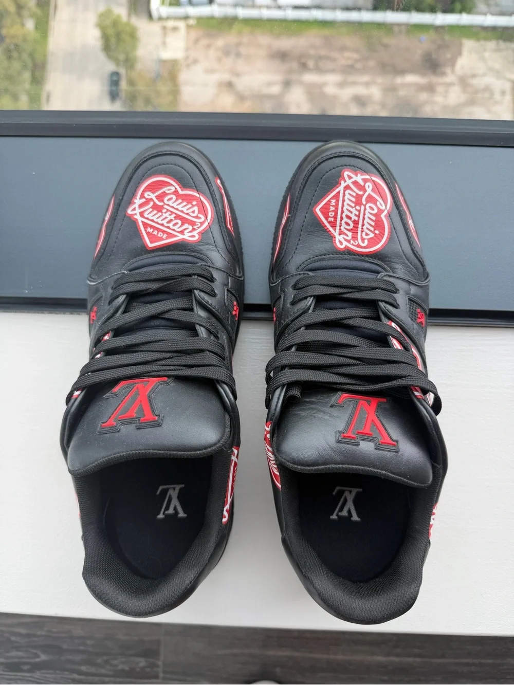 Louis Vuitton Black Leather Sneakers with Red Logo Accents